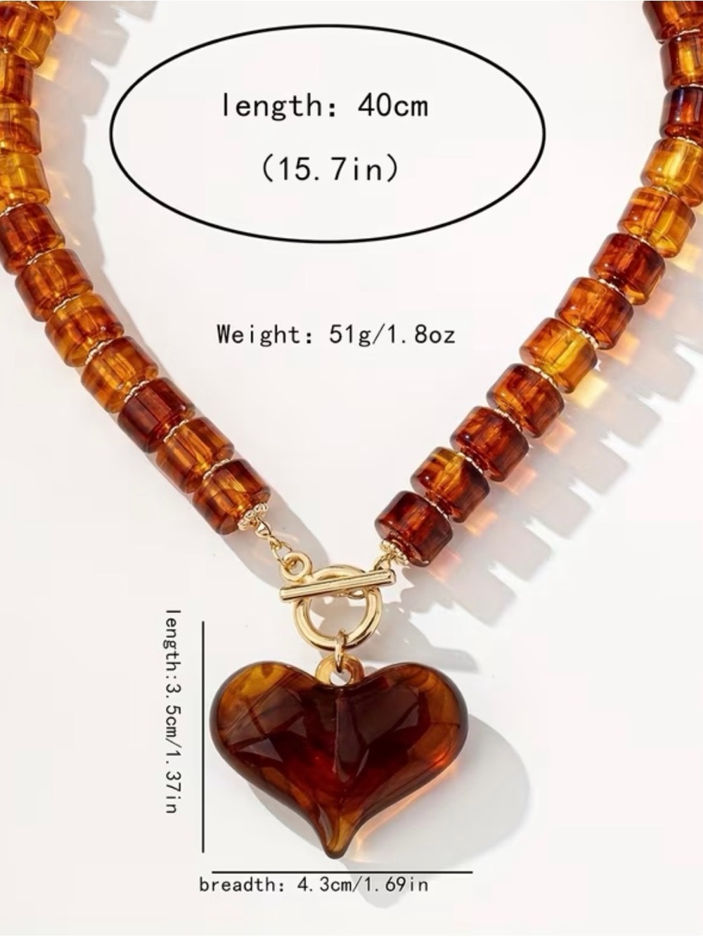 Amber-Tone Heart Pendant Beaded Necklace - Women Jewelry - Picture 4 of 5